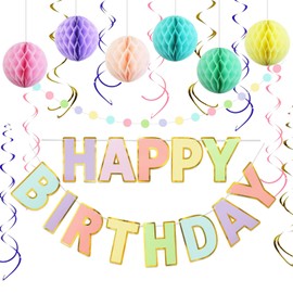 Vxcbad Birthday Decorations, Pack of 17 Macaroon Happy Birthday Banner, Colourful Round Pieces, Beehive Balls, Swirly Garland, Girls' Birthday Party Decorations, Hangings