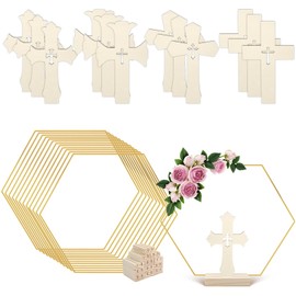 24 Pcs Baptism Centerpiece Decoration for Tables First Communion 12 Standing Wood Crosses for Craft 12 Hexagonal Metal Floral Hoop Centerpiece with Stand for Party Wedding Home Decor