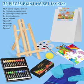 Gesboole Acrylic Painting Kit for Kids, Non-Toxic Art Supplies with 4 Canvas Panels, 24 Colors, Art Smocks, Table Easels, 6 Brushes - Painting Gift Set