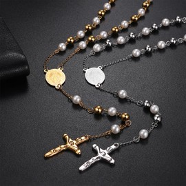 Oidea Catholic Rosary Necklace for Women: Golden Crucifix Cross Necklace Virgin Mary Necklace Medallion Pearl Rosary Chain Y Necklace for Women Religious Jewelry Gifts