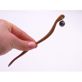 Handcarved Walnut Wood Hair Stick with Hematite Bead