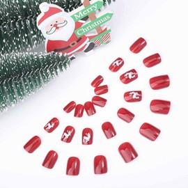Tgirls Christmas Press on Nails Short Square Fake Nails Red Glossy False Nails Reindeer with Snowflake Design Full Cover Acrylic Nails for Women and Girls 24Pcs (Style 5)