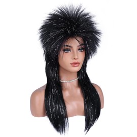 BERON Black Silver Rocking Wig Mullets for Women Wigs Black Silver Punk Rocker Wig Funny Wigs for Daily Party Cosplay