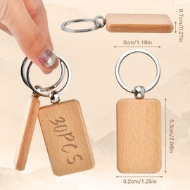 OTYMIOW 30PCS Wooden Keychain Blanks Unfinished Wood Keychain Blanksd Key Ring Key Tag Wood Engraving Blank Wooden Keychains Wood Blanks Key Chain Bulk for DIY Crafts Accessories (Rectangle)
