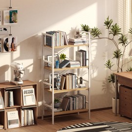 Folding Bookshelf,4 Tier Bookcase Foldable Shelf with X-Bracket Design, Adjustable Feet, Space Saving Storage for Living Room, Office, Light Coffee