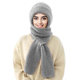 Sumolux Integrated Ear Protection Windproof Cap Scarf Elastic Knitting Thick Warm Conjoined Ear Protection Knitted Winter Grey