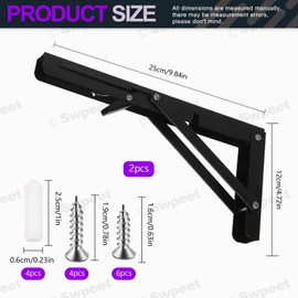 Swpeet 2 Pack 10" Folding Shelf Bracket, Heavy Duty DIY Wall Mounted Shelf Bracket Max Load 220 lb, Stainless Steel Decorative L Bracket Kit Contains 16/19MM Screw, Anchors for Table Work Bench, Black