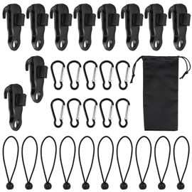 Tarp Clips Set, Tarp Tensioner, Tarp Attachment with 10 Tent Bungees Cords and 10 Carabiner Clips, Shark-shaped Tarp Clips, Tarp Clip Clamp for Tents, Canopies, Motorhomes, Pack of 30