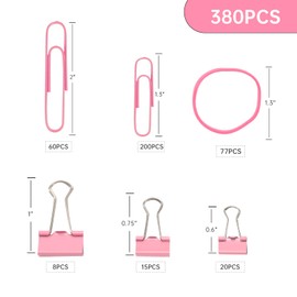 DANRONG Pink Binder Clips Paper Clips,380 PCS Assorted Sizes Paperclips Paper Clamps Rubber Bands for Files, Papers, Home Supplies (Pink)