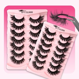 BTLLSSH False Eyelashes Wispy Lashes Natural Look Fake Eyelashes Cat Eye Lashes Mink Fluffy Strip False Lashes Fox Eye Lashes Pack 14 Pairs
