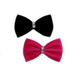 Velvet Mini Hair Bow Clip Sets with Rhinestones Collection (Alligator Clips, Hot Pink & Black)