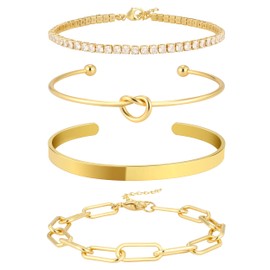 Zalcon Gold Bracelets for Women, Dainty 14K Real Gold Bangle Cuff Bracelet Set for Women Cute Tennis Bracelets for Women Adjustable Jewelry Gifts for Women Girls Trendy, Large