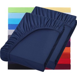 NatureMark Basic Set of 2 Jersey Fitted Sheets, 90 x 190 cm, 100 x 200 cm, 25 cm Bridge, 100 x 200 cm, 100% Cotton, Navy Blue
