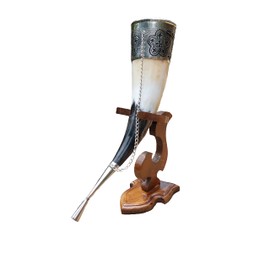 Viking Drinking Horn, 5-7oz Medieval Natural Handcrafted Horn with Wooden Stand