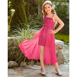 GRACE KARIN Girls Pink Sequin Dress One Sleeve Sparkly Prom Birthday Party Dresses Size 7