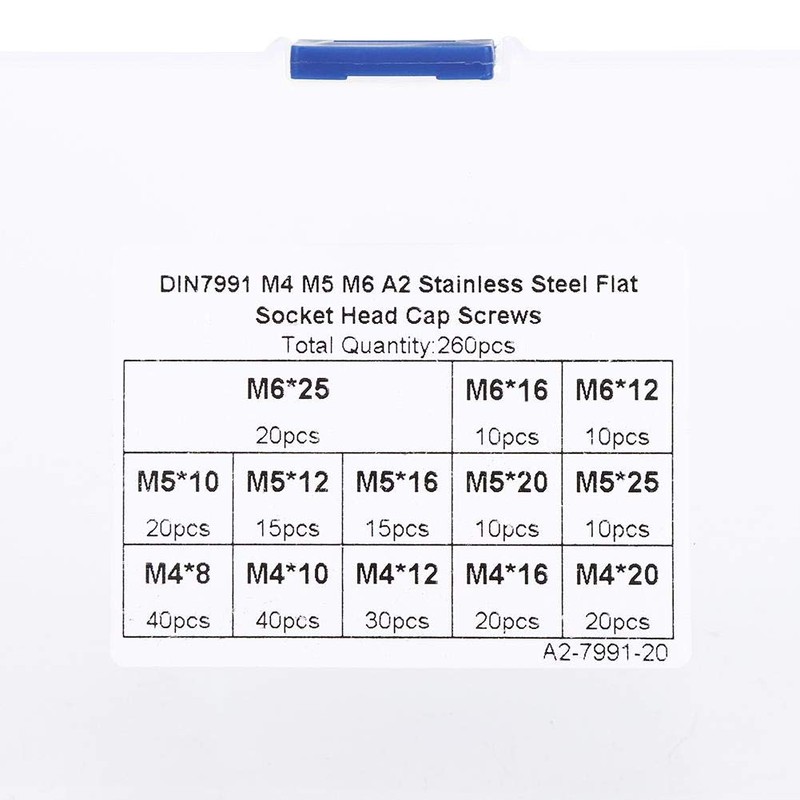 260 Pieces Stainless Steel Hexagon Socket Countersunk Screws Set, M4/M5/M6