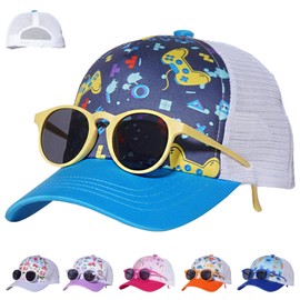 LUKIUP 2 Pieces Baseball Cap Sunglasses Set for Boys Girls Adjustable Cap Kids Baseball Cap for Children Boys Girls Gifts Cartoon Pattern, Game