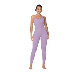 Sunzel Jumpsuits for Women Backless, Seamless Workout One Piece Bodycon Romper Scoop Neck, Butt Scrunch Leggings Unitard 25" Purple X-Large
