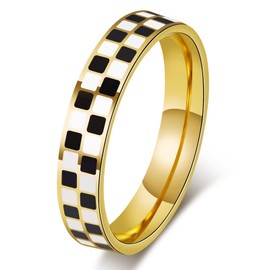AmorArtSky Checkered Wedding Bands for Couples,18K Gold Plated Stainless Steel Statement rings,4.5mm Black White Geometric Matching Rings for Women
