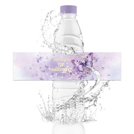 URROMA Waterproof Water Bottle Labels,50Pcs Thank You for Celebrating with Us Purple Butterfly Wraps Bottle Decor for Wedding Birthday Party