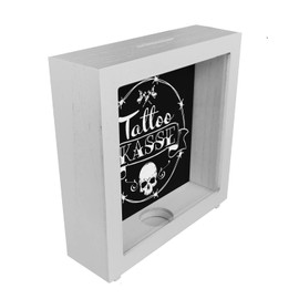 Wooden Ceramic Money Box with Cool Tattoo Motifs in Black - Tattoo Cash as a Gift for Punks and Crazy Friends Who Like to Get Tattooed But Not