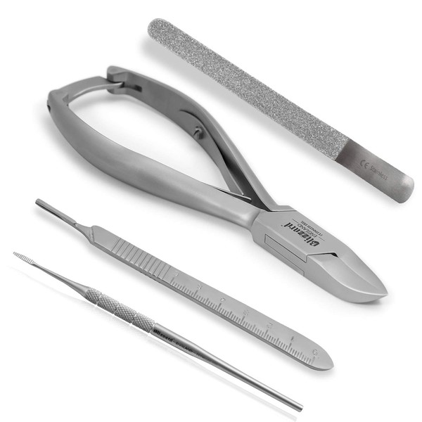 Podiatry Instrument Set by Blizzard – 4 Piece Chiropodist Tools Kit with Nail Nipper, Blacks File, Diamond Deb Dresser and Scalpel Blade Handle - German Forged Implements for Podiatry Care - Hospital Grade
