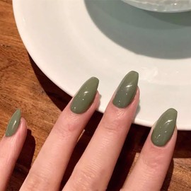Rilafuvu Press on Nails Medium,Ballet Fake Nails Solid Color Full Cover False Nails with Designs Olive Green Glossy Glue on Nails Artificial Acrylic Stick on Nails for Women Girls 24 Pcs