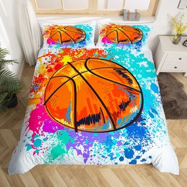 Watercolor Tie-dye Bedding Set,Cartoon Basketball Print Duvet Cover for Kid Teen Boys Girls,Youthful Comforter Cover Decorative Room,Sports Gaming Quilt Cover with 2 Pillowcases,Full Size