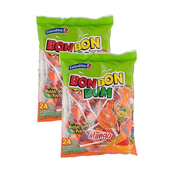 Colombina Bon Bon Bum Bubble Gum Filled Lollipops Mango Flavor 17oz 2 Pack