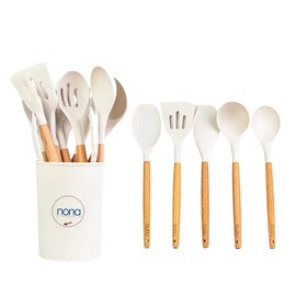 Kitchen Cooking Utensils Set, 12 PCS Nonstick Silicone Cooking Utensils, Wooden Handle Silicone Utensils, Non Toxic Kitchen Utensils