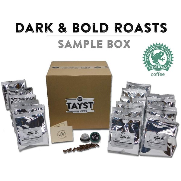 Tayst Dark Roast Coffee Pods | 240 ct. Bold Sample Box | 100% Compostable Keurig K-Cup compatible | Gourmet Coffee in Earth Friendly packaging