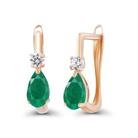 Solid 14K Rose Gold 5x3mm Pear Natural Green Emerald May Birthstone Huggie Earrings For Women & 2mm Created White Sapphire Latchback Earrings For Women
