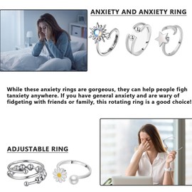 ThrivingAura 5Pcs Anxiety Ring for Women, Fidget ring, Adjustable Open Fidget rings, Twist Rings for Anxious Women Teen Girls, Moon and Stars Adjustable Teens Rings Birthday Party Gifts