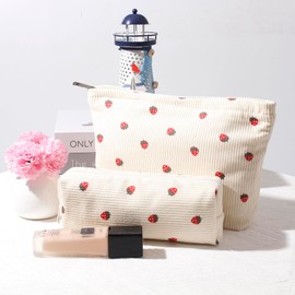 OZAOZ Cosmetic Bag for Women Corduroy Makeup Bag Travel Make Up Organizer Tool Pouch Small Bag for Purse, Zipper Portable Storage Pouch Toiletry Bag for Women (Beige strawberry)