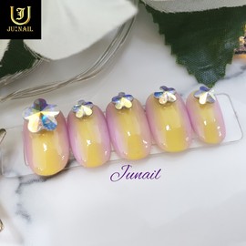Yellow Gras Flower Swirl Handmade Nail Tips - Short Almond / 옐로우그라꽃스왈 수제네일팁 - 숏아몬드