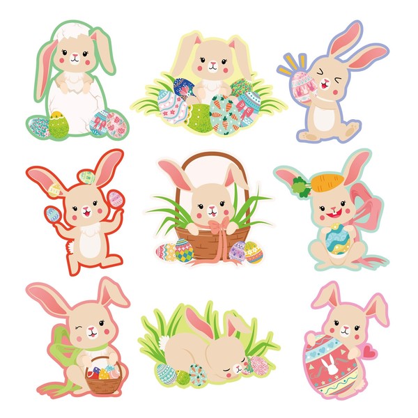 12 Sheets Easter Bunny Stickers, Cute Cartoon Egg Rabbit Stickers