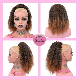 VAVANGA 14inch Short Afro Kinky Curl Ponytail Deep Curly Fluffy Drawstring Ponytail Extension Brown Ombre Updo Fake Pony Tail Natural Afro Puff Hair Piece for Black Women - T30
