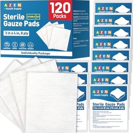 AZEN 120 Pack Sterile Gauze Pads, 3" x 4" Non Stick Gauze Pads, 8-Ply Cotton Gauze Sponges for Wound Care and First Aid, Highly Absorbent Individually