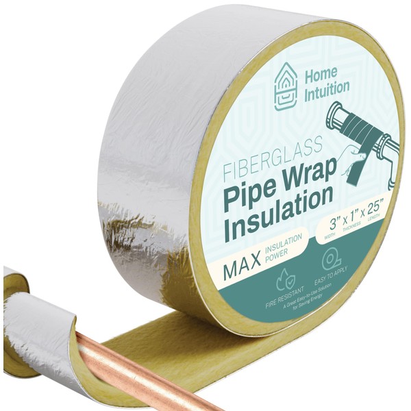 Home Intuition 25 Foot Foiled Back Fiberglass Pipe Insulation Wrap, 3" Wide x 1" Thick, 2 Pack