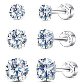 Limerencia Moissanite Stud Earrings, 3 Pairs Titanium Screw Back Earring, D Color VVS1 Clarity Lab-created Moissanite Earrings, Hypoallergenic G23 Pure Titanium for Women Men Sensitive Ears