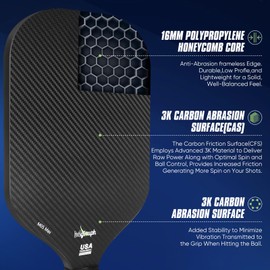 Mglouph Pickleball Paddles Set of 3k Carbon Abrasion Surface and 16mm Frameless Paddles Larger Sweet spot Hitting Double Rackets with Honeycomb Materials for Children Trainer Professional Adults