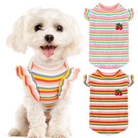 XGDMEIL 2 Pack Cute Striped Small Dog T Shirts Soft Cotton Girl Dog Clothes Breathable Pet Puppy Cats Vest Spring Summer Doggy Outfits（Pink+Orange,Small）