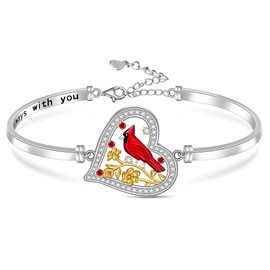 Cardinal Bracelet Red Cardinal Gifts for Women Sterling Silver 925 Bird Heart Charm Bangle Bracelets Adjustable Memorial Remembrance Gifts Jewelry