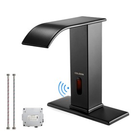 CDLODIN Automatic Sensor Touchless Bathroom Faucet, Matte Black Waterfall Bathroom Faucet for Sink 1 Hole, Modern Single Hole Bathroom Sink Faucet Stainless, Hands Free Motion Sensor Lavatory Faucet