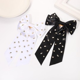 Boderier 2Pack Hair Bows for Women Crystal Satin Hair Bows Hair Clip 10 Inches Long Tail Ribbon Bow Barrette Hair Clip Hair Accessories for Women Black White