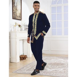 ZSJR Mens African 2 Piece Set Nigerian Dashiki Metallic Traditional Suit Gold Stamp Printed Shirt and Pants Outfit
