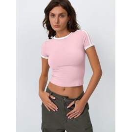 Trendy Queen Womens Short Sleeve Tshirts Shirts Summer Going Out Crop Tops Basics Tees Cute Y2k Fashion Clothes PinkWhite M