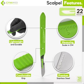 CYNAMED # 22 Disposable Scalpel with Plastic Handle - Sterile Single Blade Razor for Dermaplaning, Dissection, Podiatry, Professional Grooming, Acne Removal - Surgical Stainless Steel Tool - Box of 10