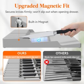 Lifewit Drawer Knife Organizer, Kitchen Knife Block for 16 Knives and 1 Sharpening Steel (Not Included), Plastic Large Steak Chef Knife Holder Storage Set, Gray