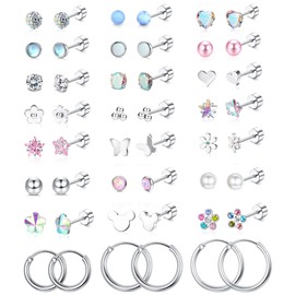 Thunaraz 24 Pairs Hypoallergenic Screw Back Earrings for Women Surgical Steel Tiny Heart Flower Flat Back Stud Earrings Cute Hoop Earrings Jewelry Set Silver Flat Back
